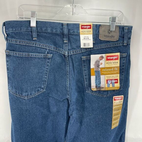 Wrangler Mens 5 Star Relaxed Fit Jeans 100% Cotton Dark Wash Blue Size 36x30 - Picture 7 of 12
